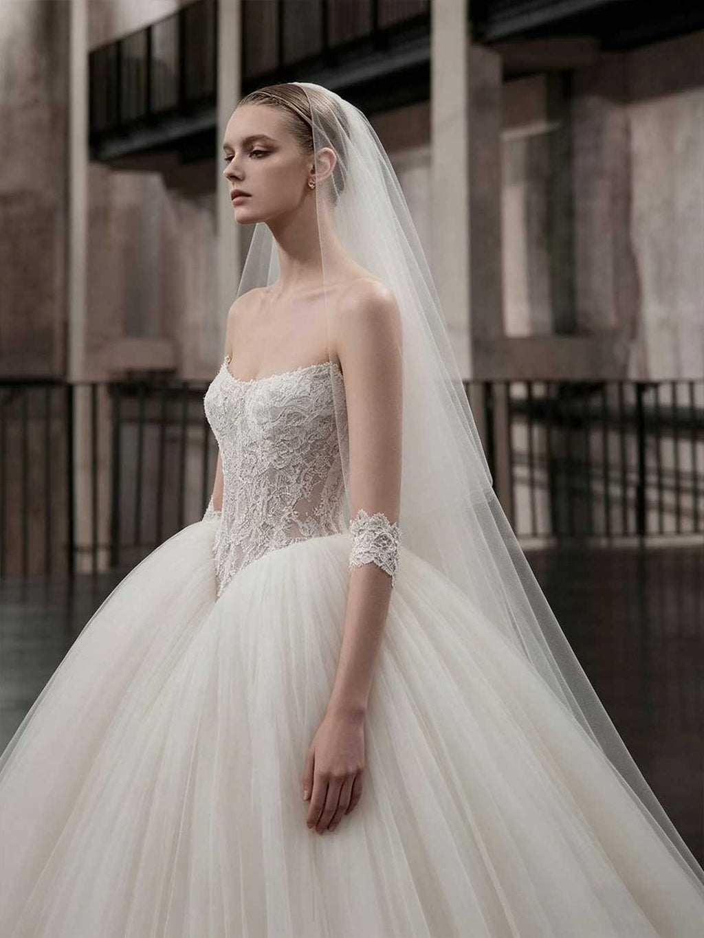 Strapless Lace Corset Ball Gown Wedding Dress with Voluminous Tulle Skirt
