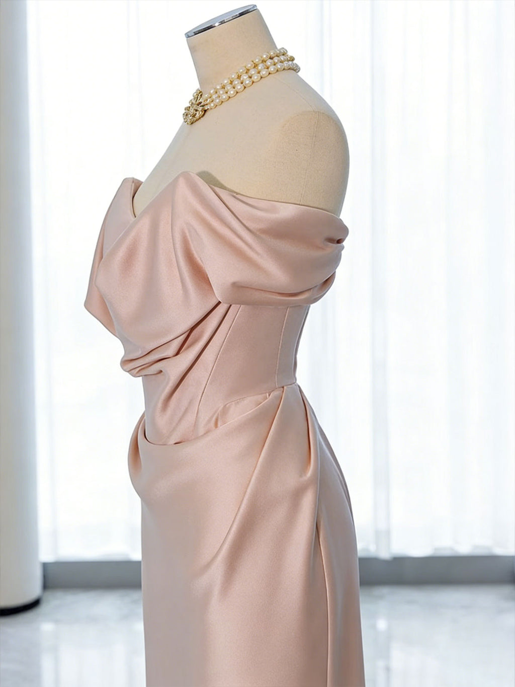 Elegant Champagne Satin Off-Shoulder Evening Gown