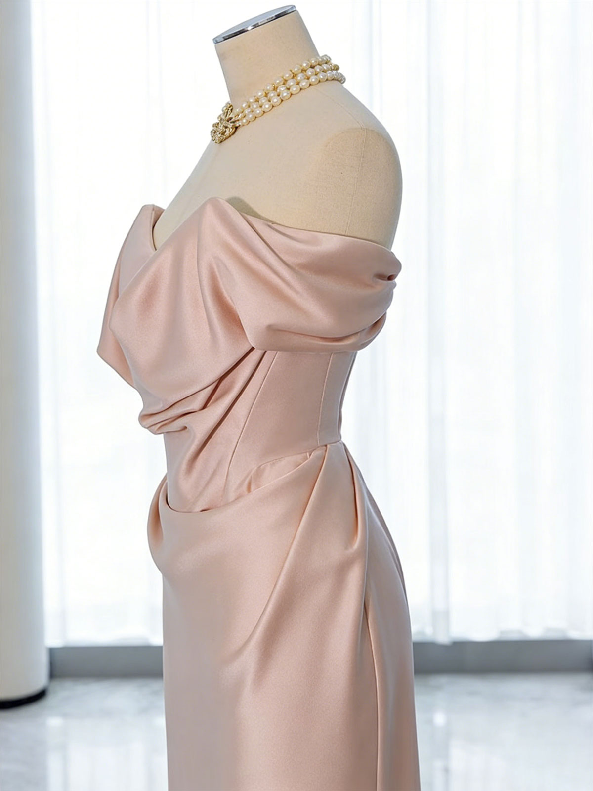 Elegant Champagne Satin Off-Shoulder Evening Gown