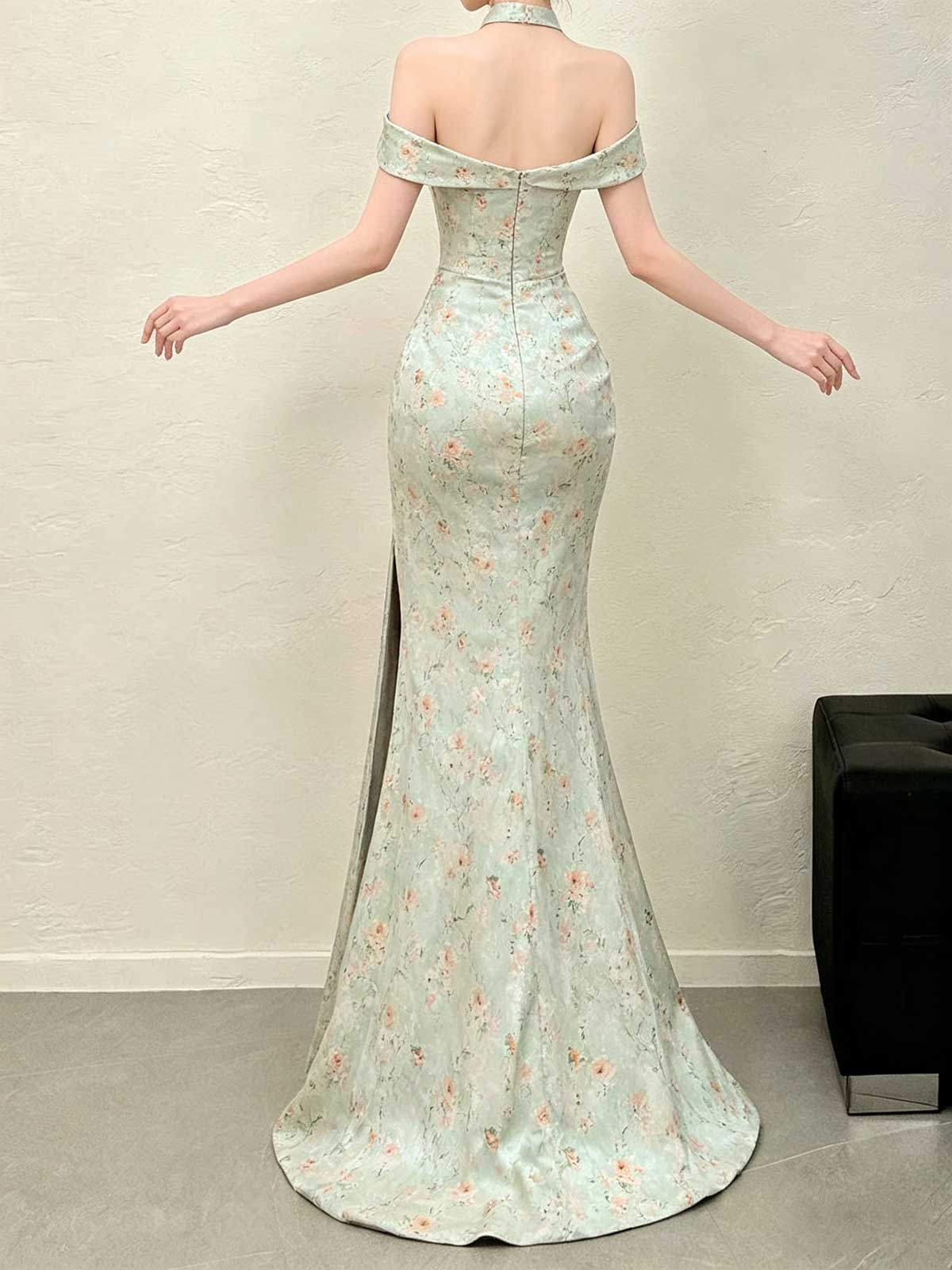 Mint Green Off-the-Shoulder Floral Satin Mermaid Evening Gown with Slit