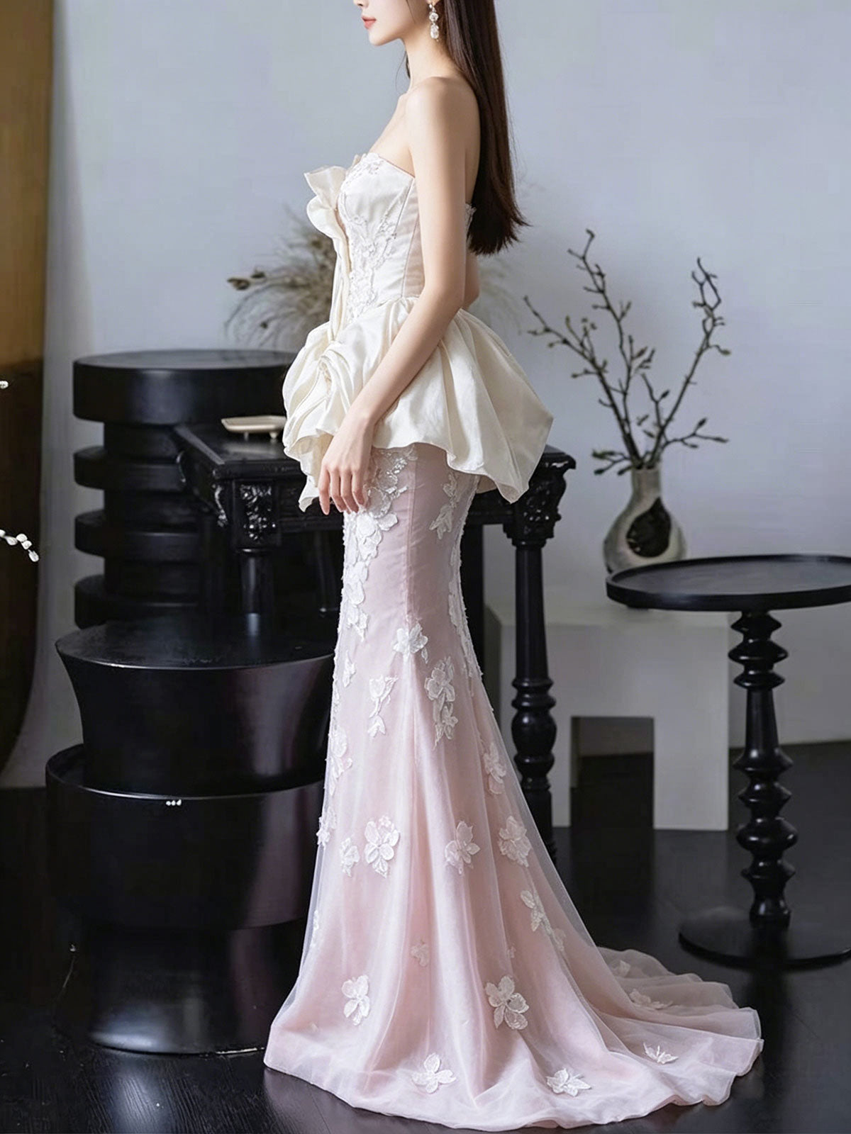Blush & Ivory Strapless Floral Lace Mermaid Gown with Satin Peplum