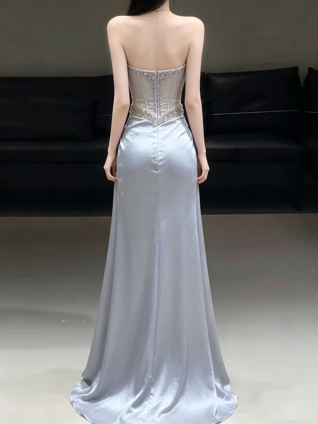 Halter Neck Ice Blue Crystal Corset Draped Satin Evening Gown