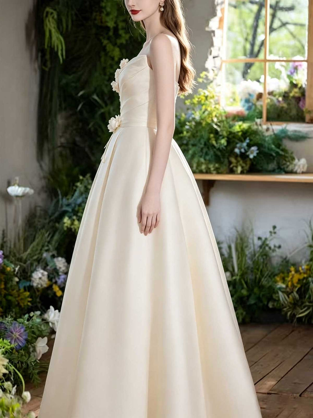 Ivory Satin Strapless A-Line Wedding Dress with 3D Floral Accent