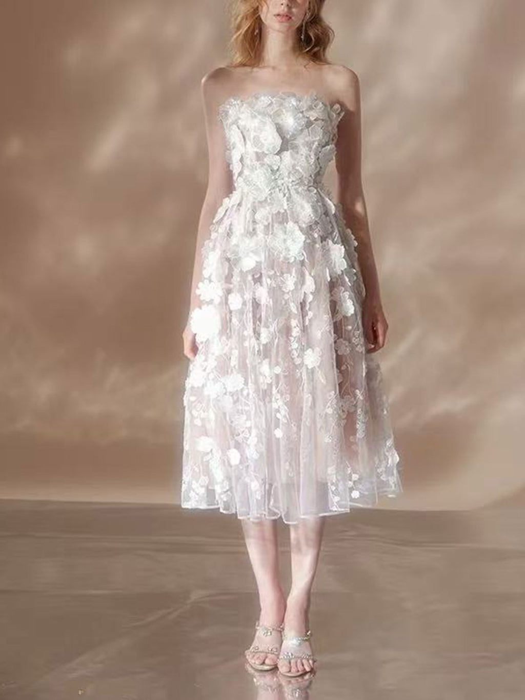 White 3D Floral Applique Strapless Sheer Midi Cocktail Dress