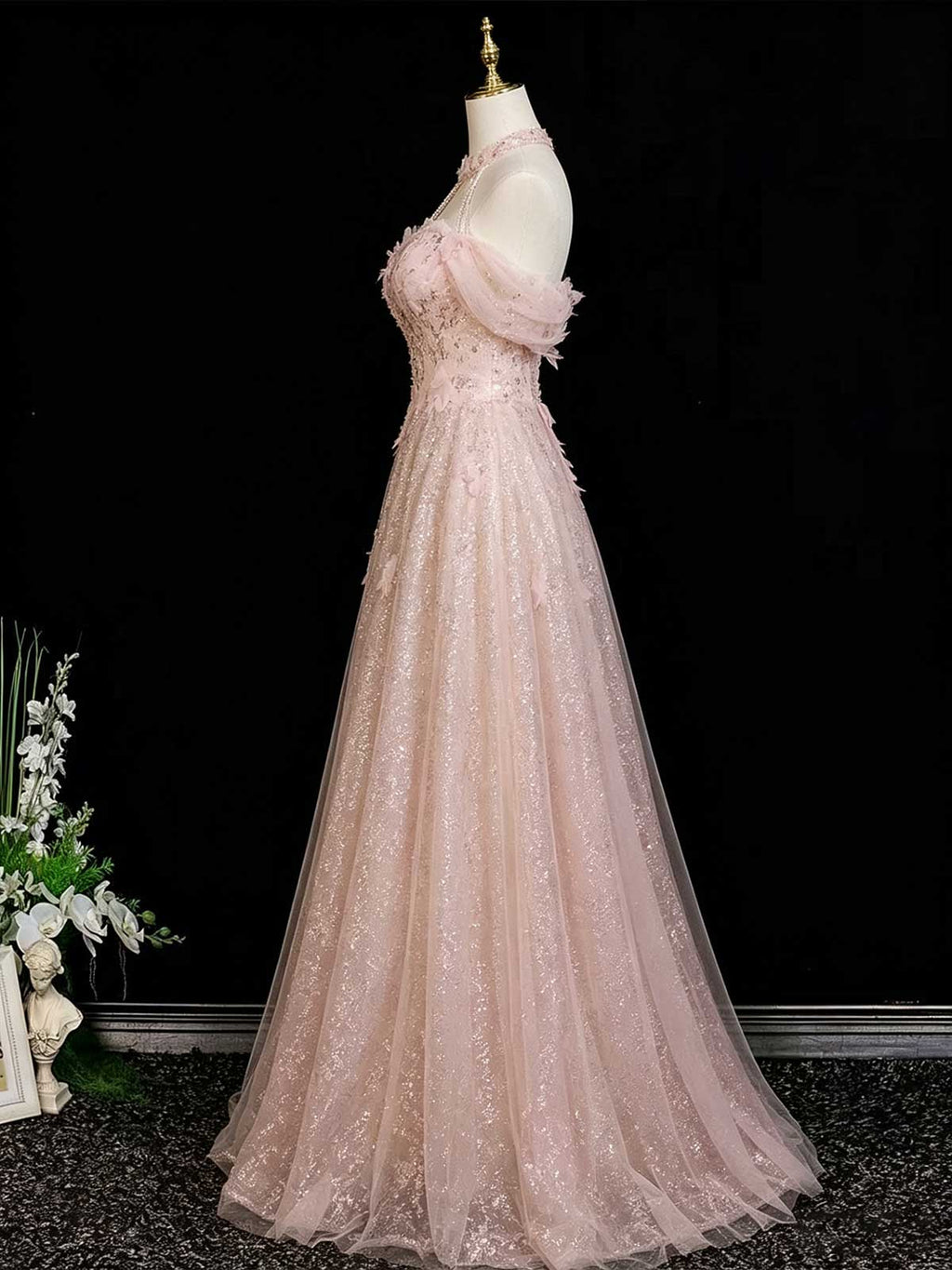 Blush Pink Halter Neck Sparkly Tulle A-Line Formal Prom Dress