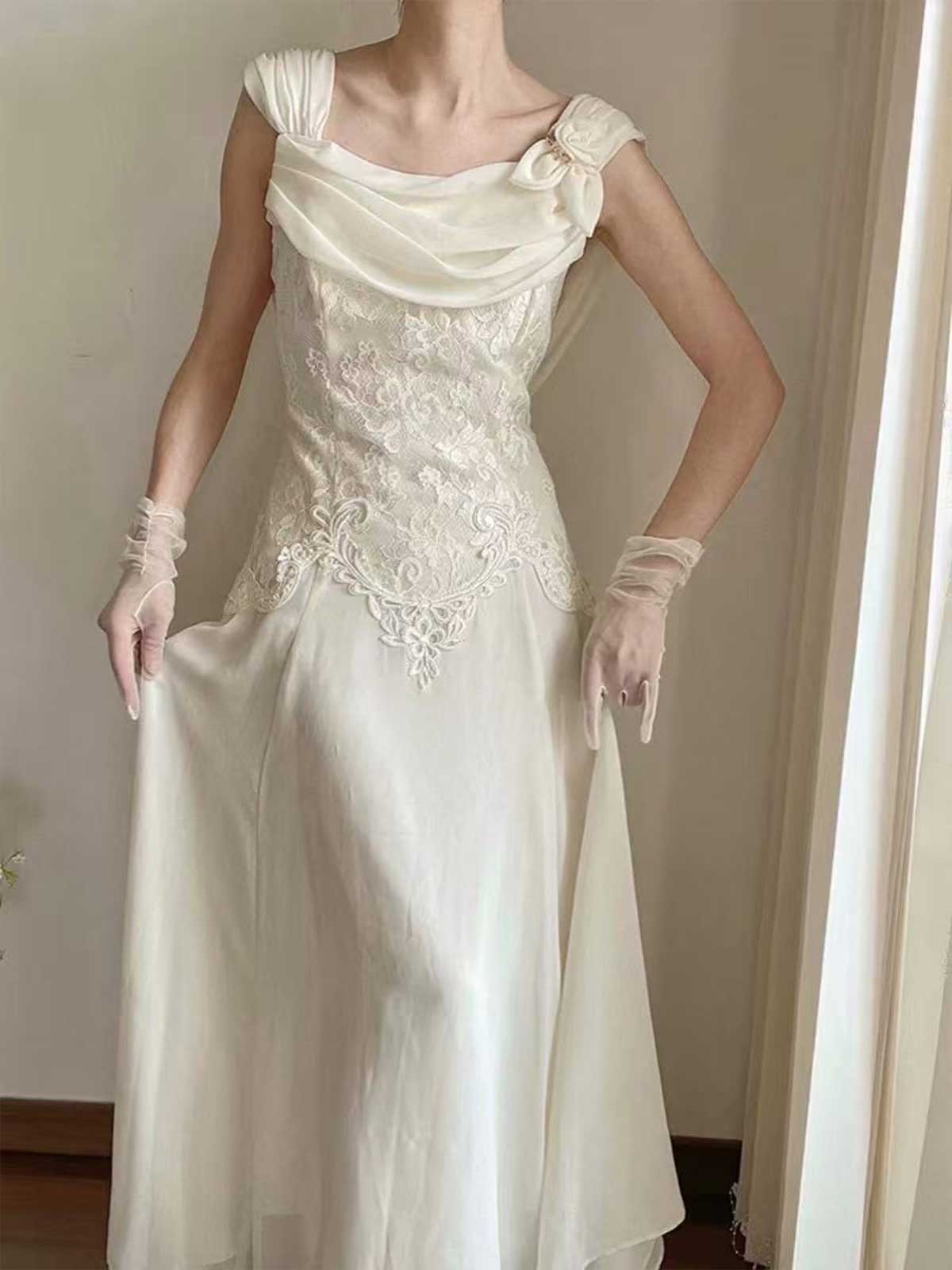 Vintage Ivory Lace Chiffon Gown with Draped Neckline & Floral Shoulders