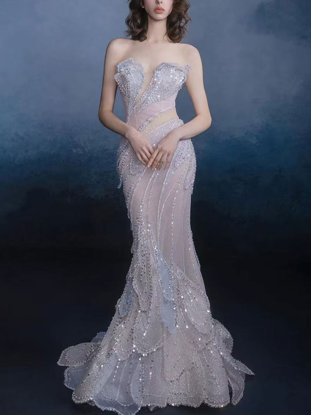 Blush Blue Mermaid Beaded Strapless Evening Gown with Ruffle Hem