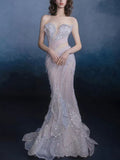 Blush Blue Mermaid Beaded Strapless Evening Gown with Ruffle Hem
