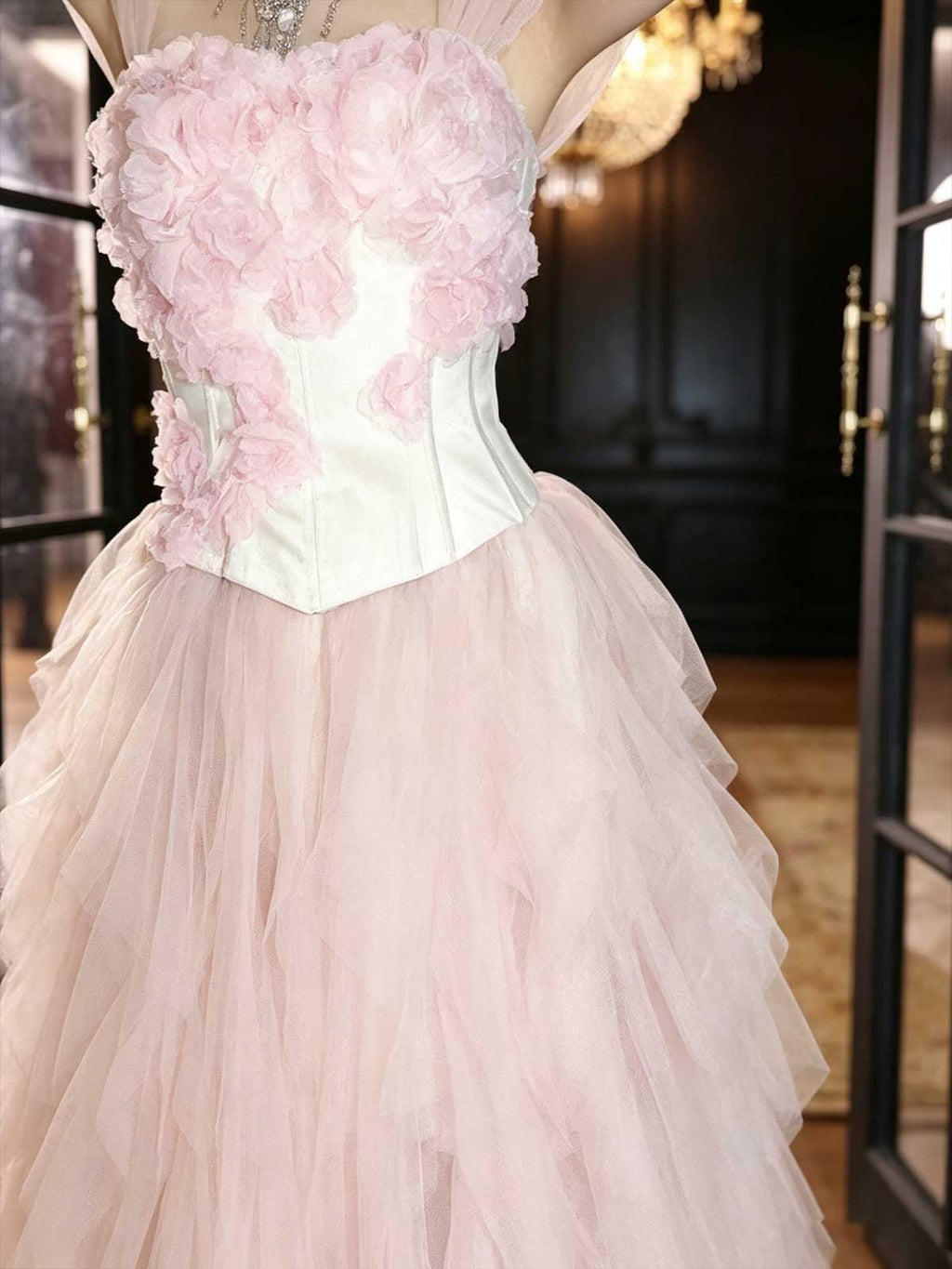 Blush Pink 3D Floral Ruffle Tiered Tulle A-Line Prom Gown