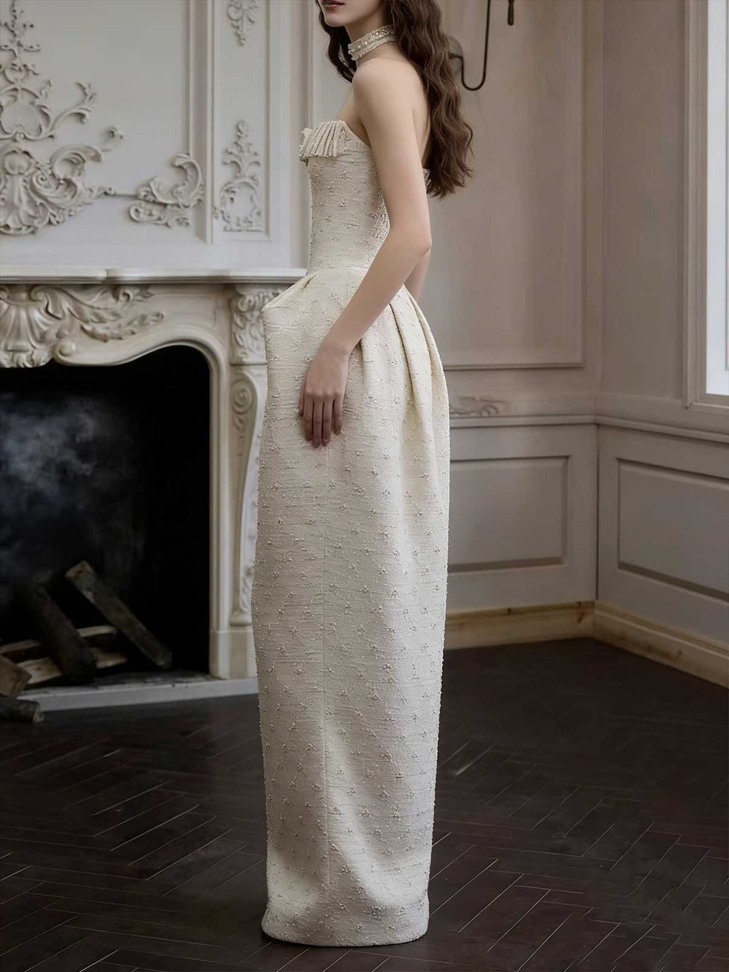Ivory Tweed Strapless Maxi Evening Gown
