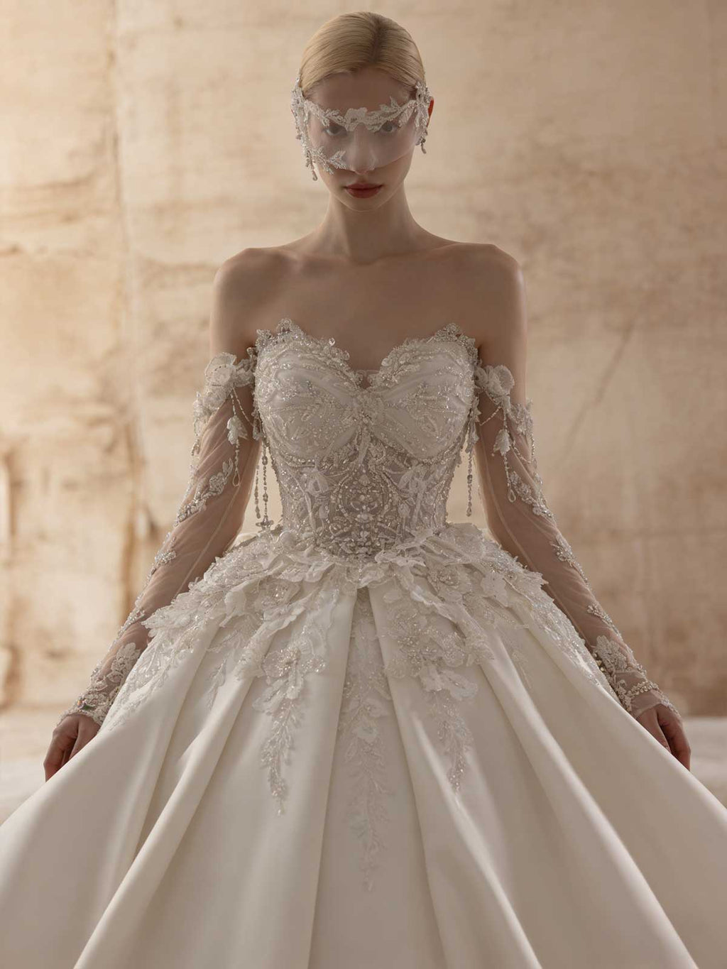 Luxury Off-the-Shoulder Lace Ball Gown with Sheer Long Sleeves