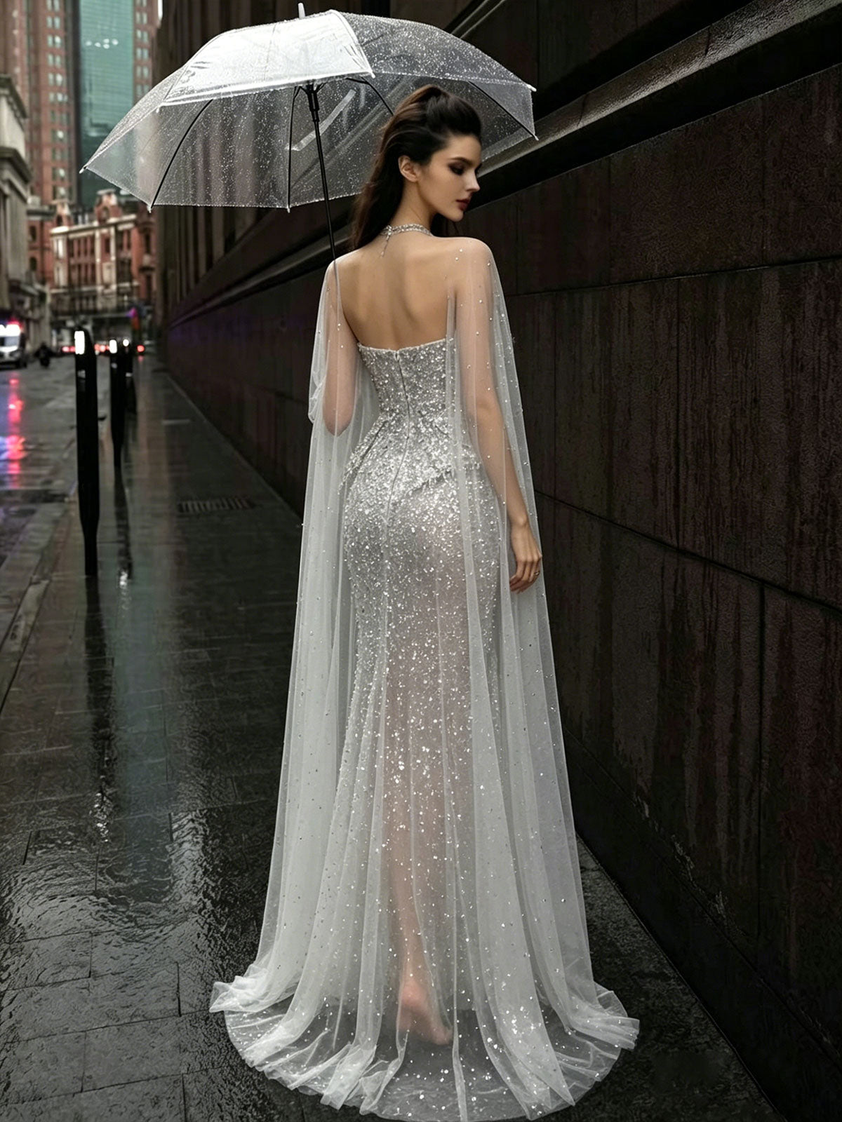 Silver Sequin Peplum Cape Tulle Mermaid Formal Evening Gown