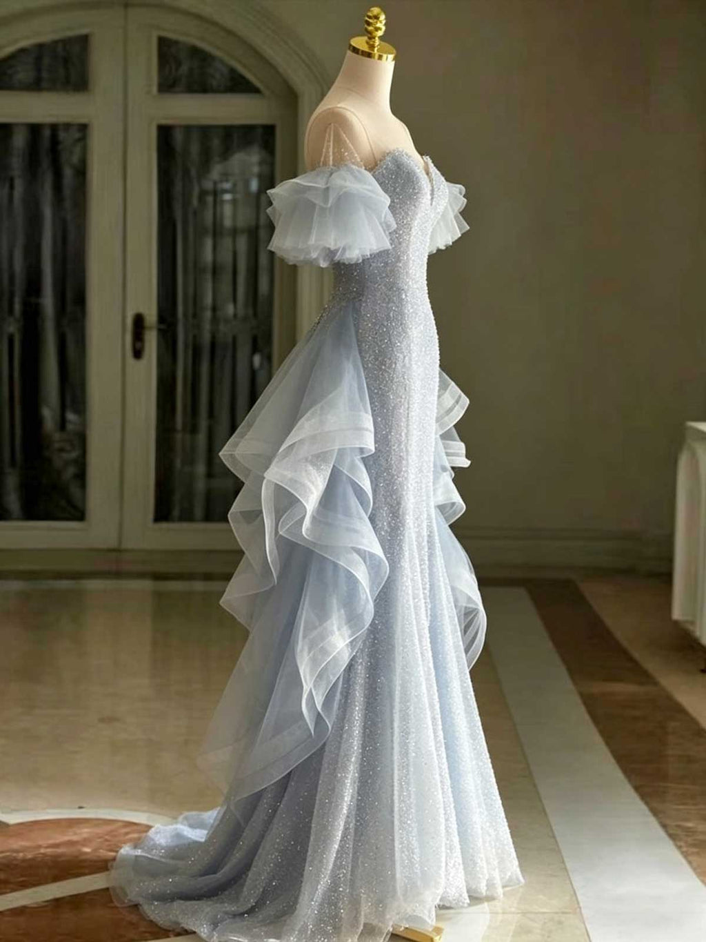 Ice Blue Sequin Mermaid Evening Gown