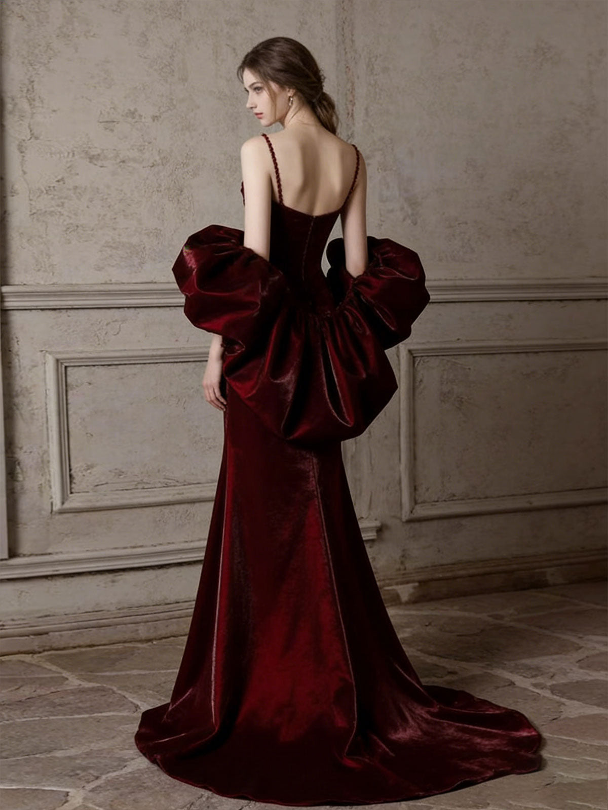 Luxury Burgundy Velvet Evening Gown with Dramatic Puff Sleeves