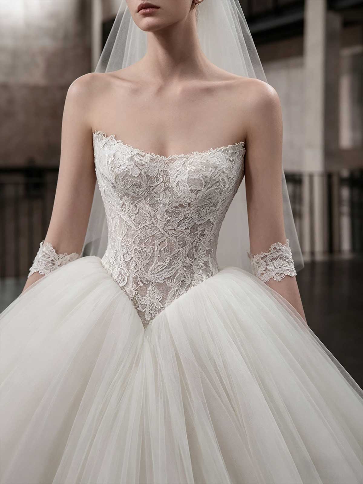 Strapless Lace Corset Ball Gown Wedding Dress with Voluminous Tulle Skirt