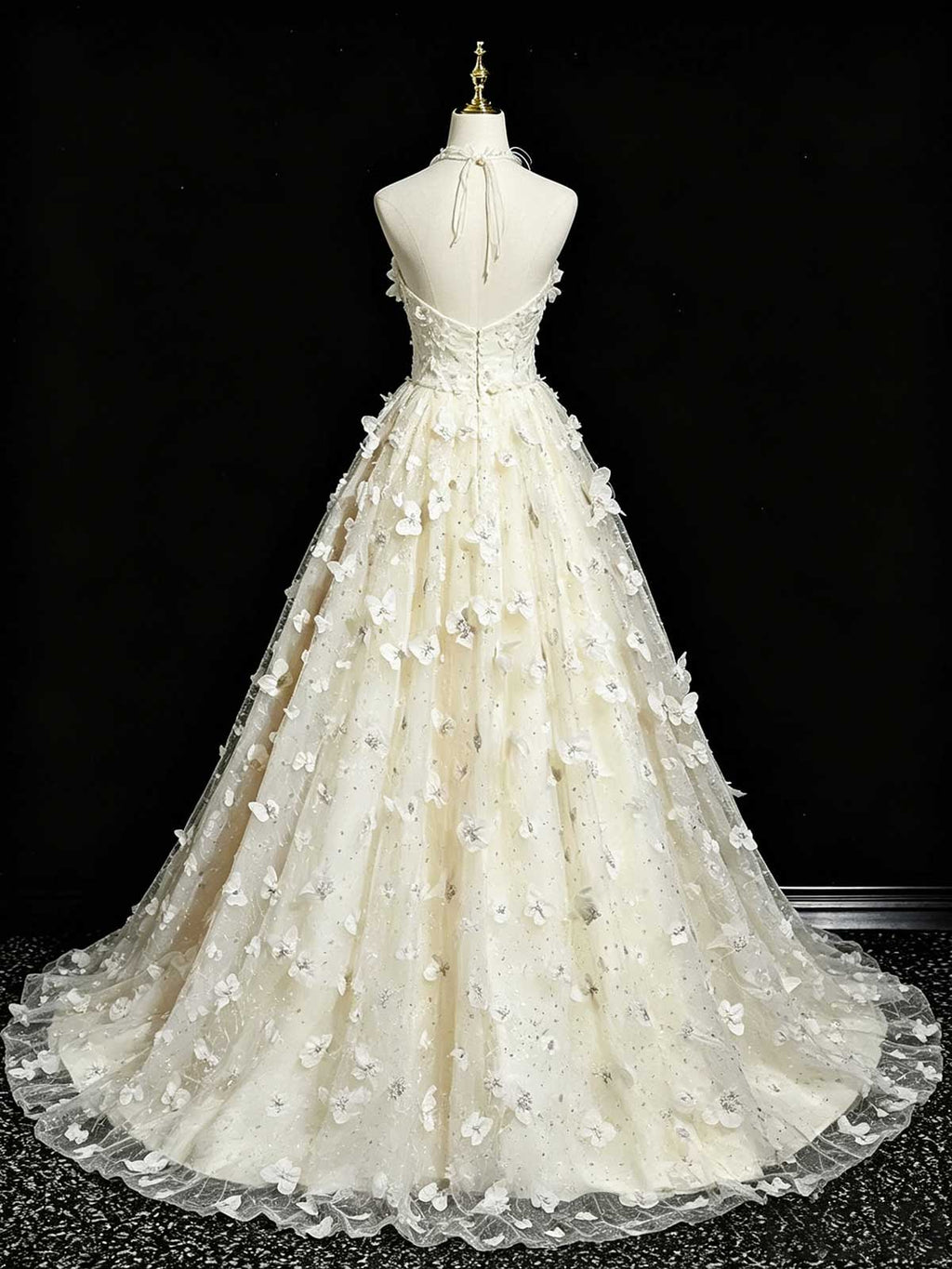 Ivory 3D Butterfly Floral Applique Halter A-Line Wedding Dress