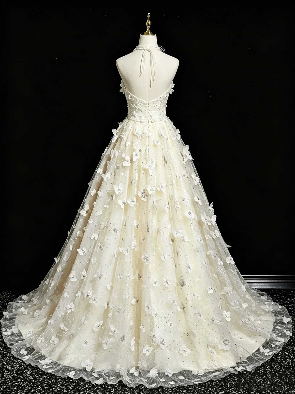Ivory 3D Butterfly Floral Applique Halter A-Line Wedding Dress