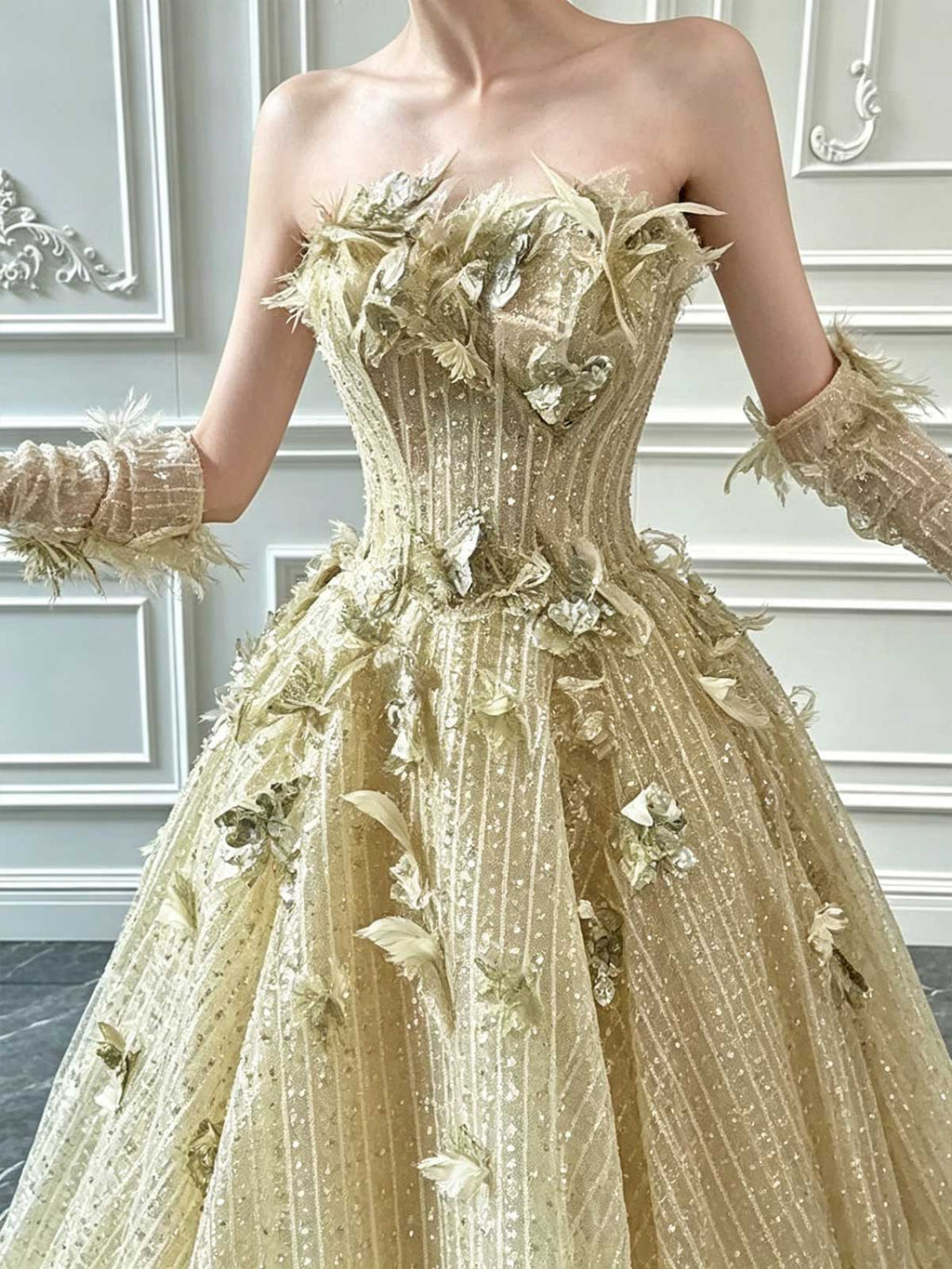 Champagne Gold Butterfly Beaded Strapless A-Line Evening Gown with Gloves