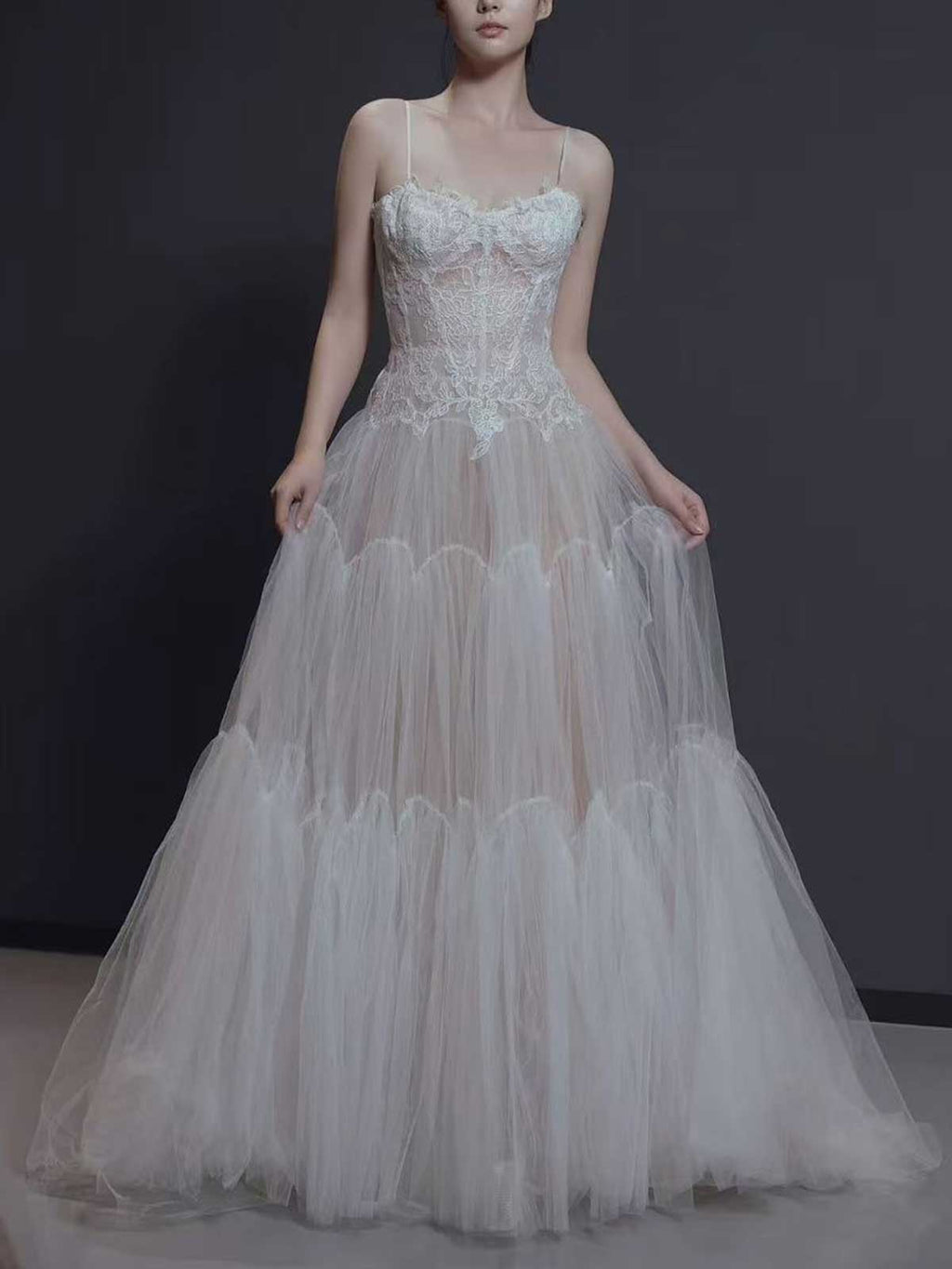 Spaghetti Strap Lace Corset Wedding Dress with Tiered Tulle Skirt