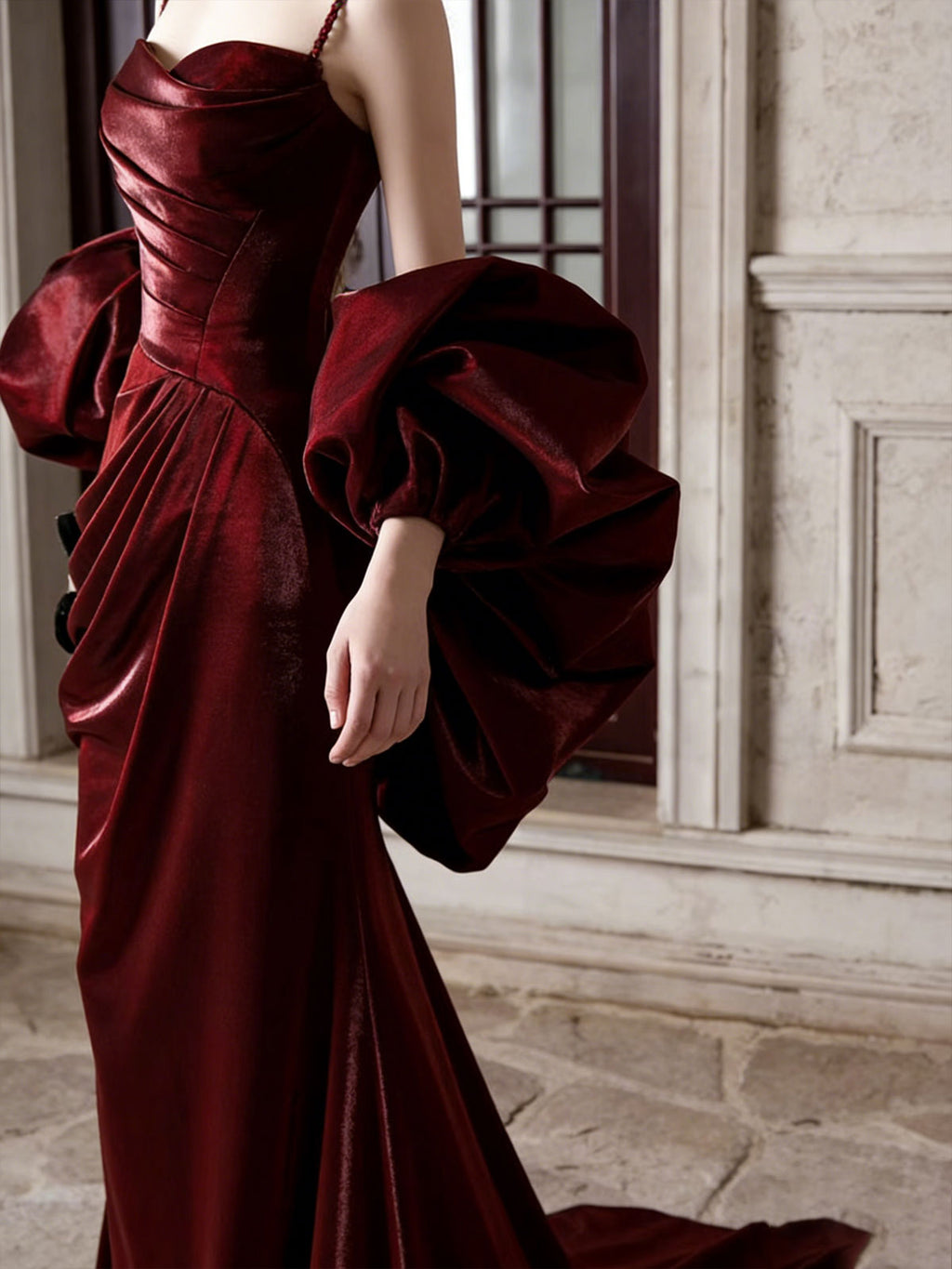 Luxury Burgundy Velvet Evening Gown with Dramatic Puff Sleeves