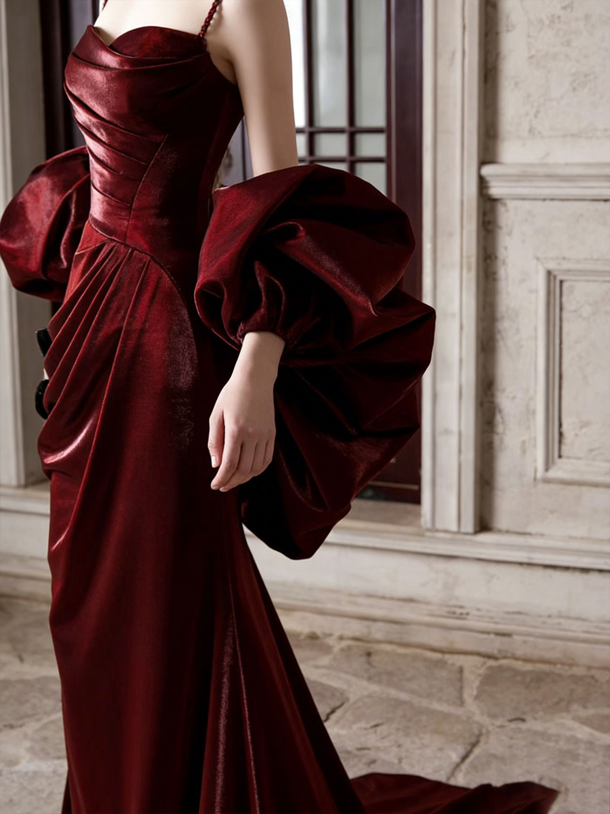Luxury Burgundy Velvet Evening Gown with Dramatic Puff Sleeves