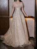 Blush Off Shoulder Ostrich Feather Glitter A-Line Evening Dress