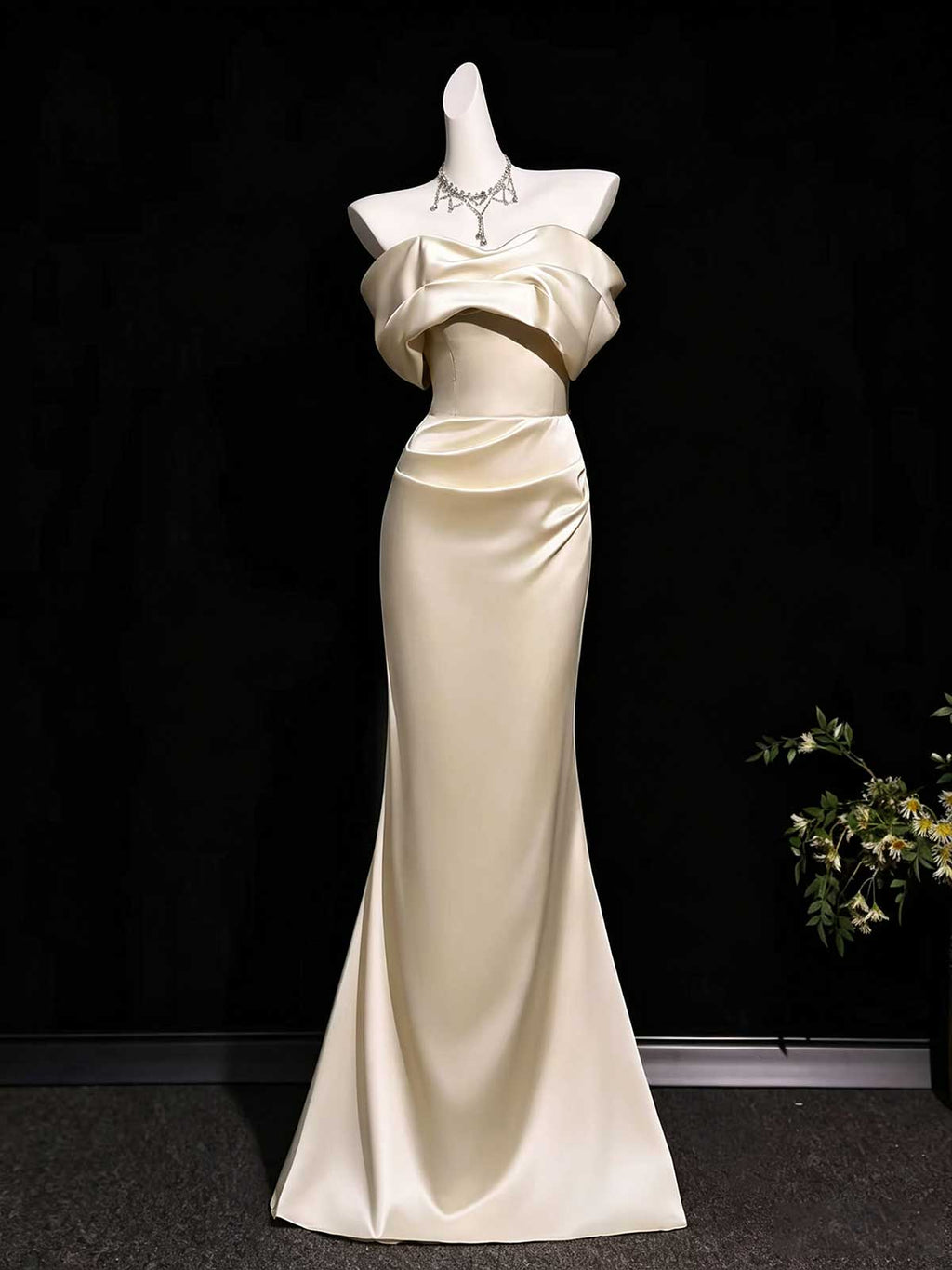 Champagne Satin Off-the-Shoulder Draped Mermaid Evening Gown