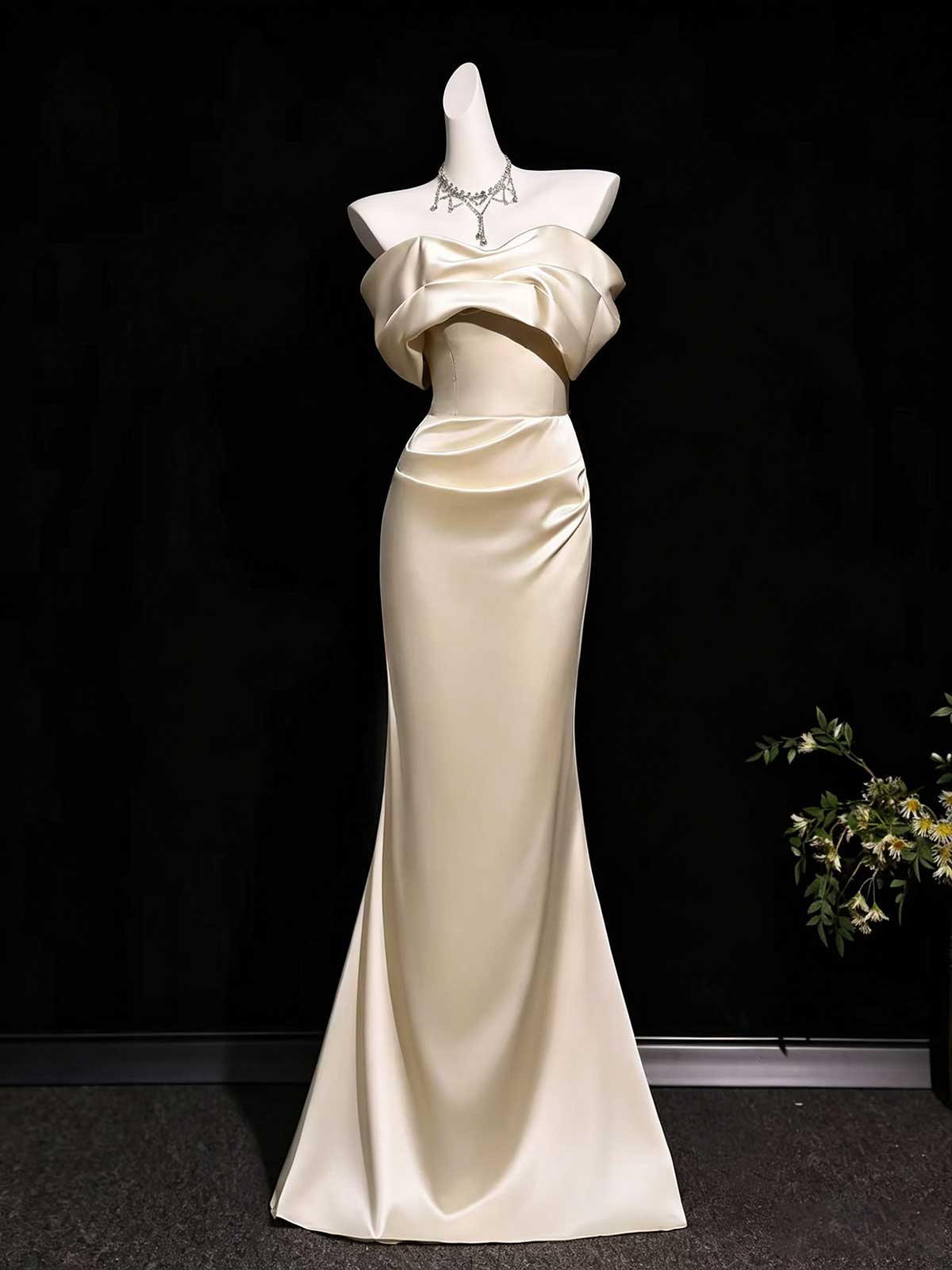 Champagne Satin Off-the-Shoulder Draped Mermaid Evening Gown