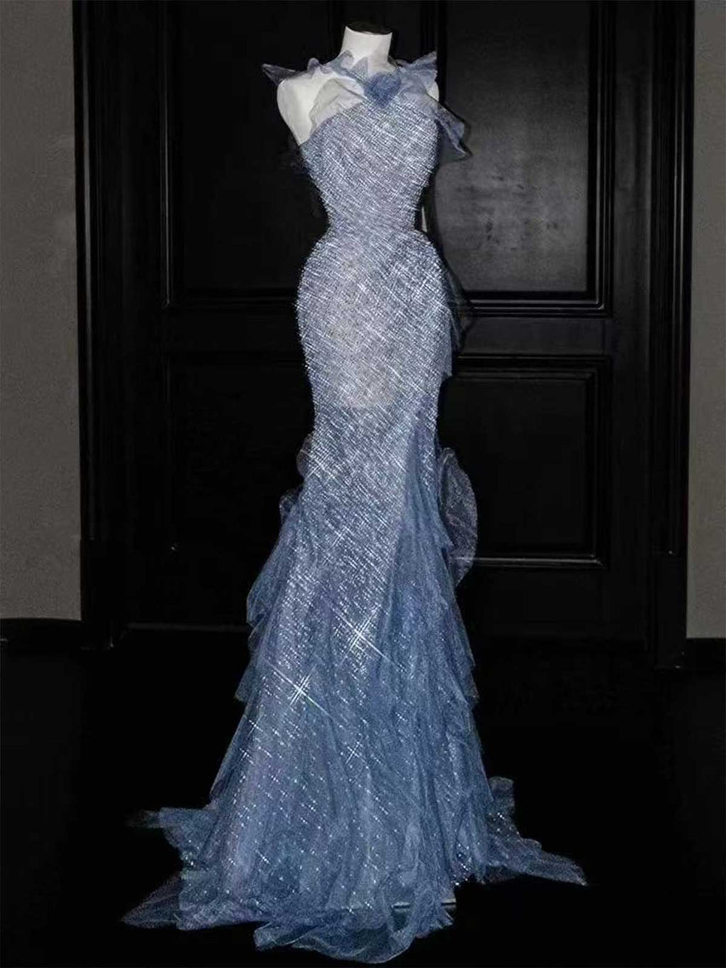 Ice Blue Glitter Halter Neck Tulle Mermaid Evening Gown