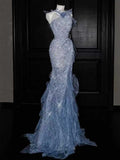 Ice Blue Glitter Halter Neck Tulle Mermaid Evening Gown