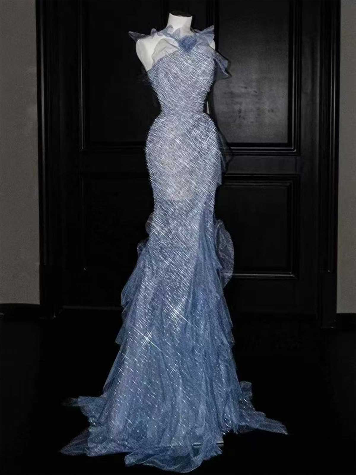 Ice Blue Glitter Halter Neck Tulle Mermaid Evening Gown