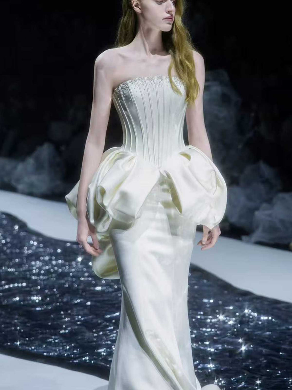 Ivory Satin Strapless Mermaid Wedding Dress with Oversized Bow