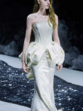 Ivory Satin Strapless Mermaid Wedding Dress with Oversized Bow