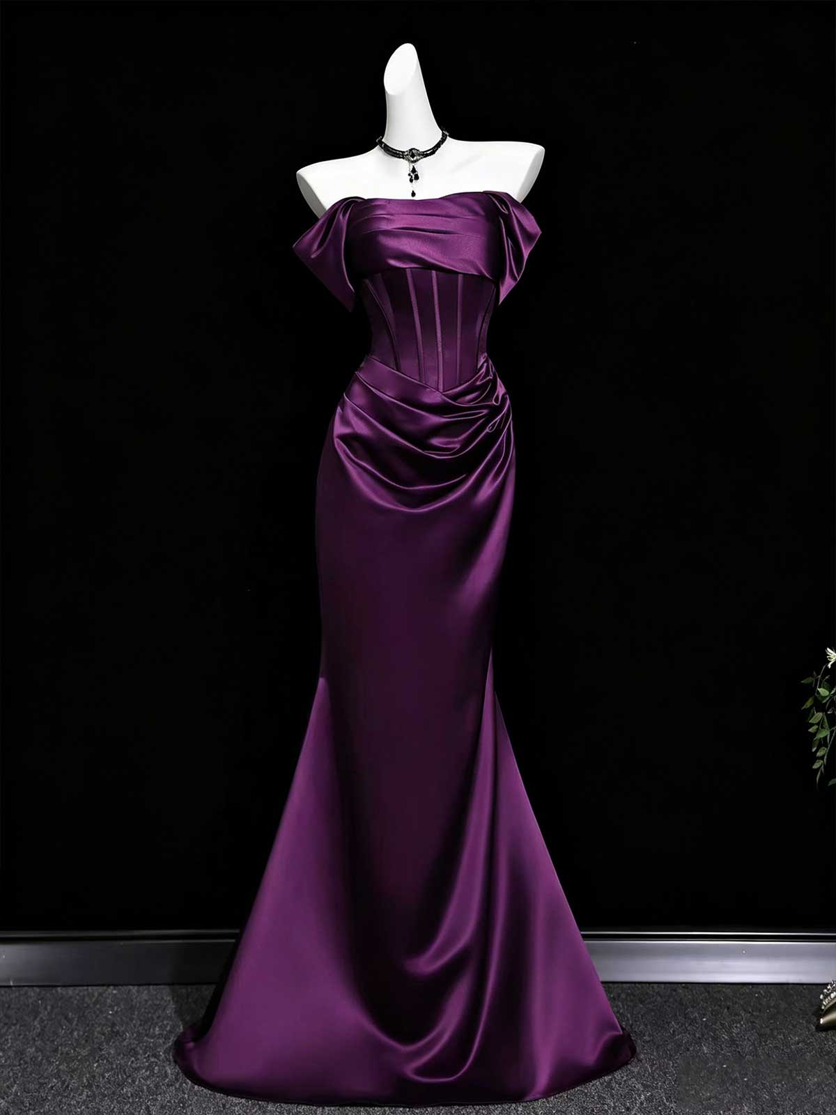 Deep Purple Strapless Satin Mermaid Evening Gown with Corset Bodice