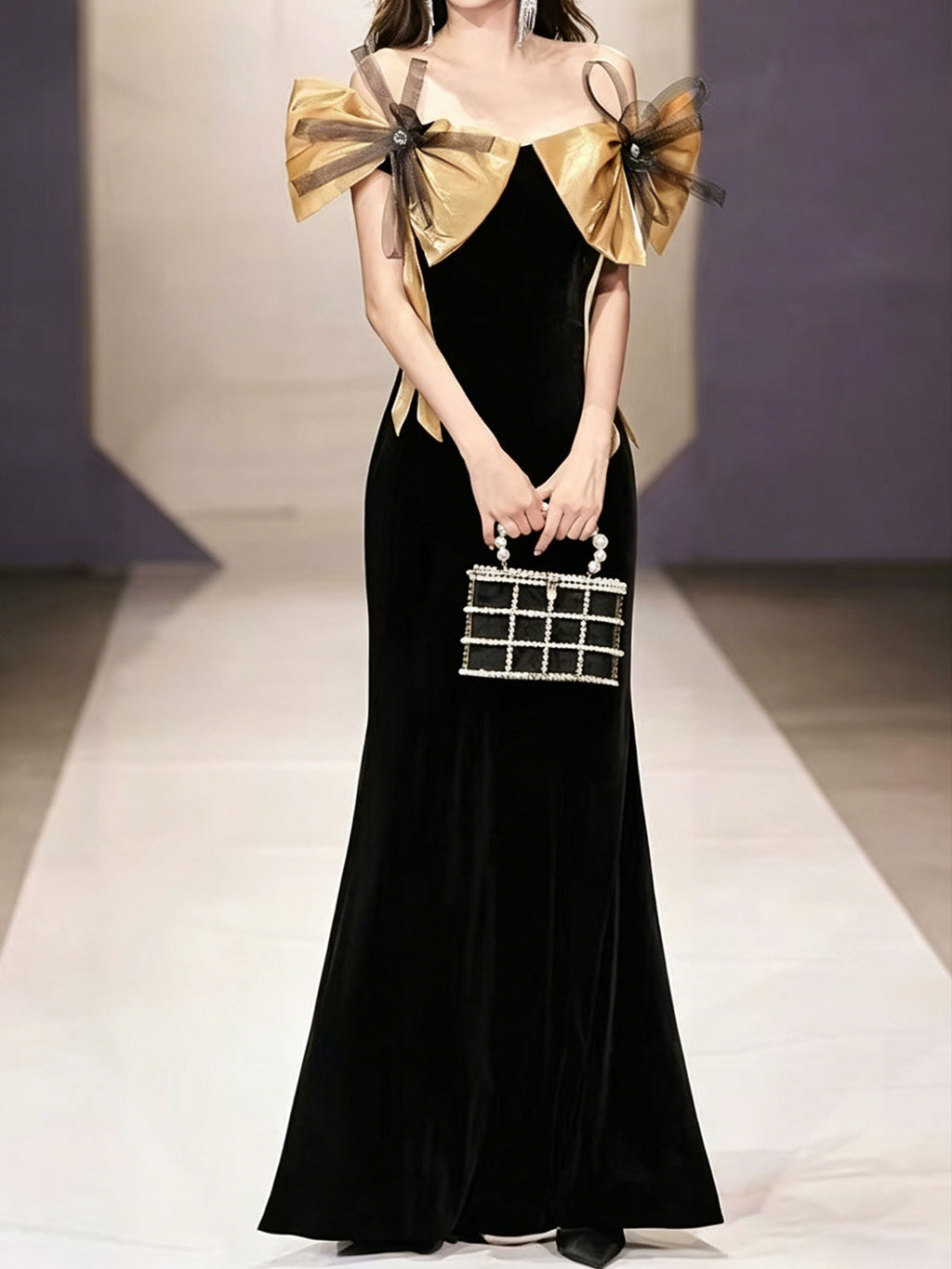 Black Velvet Gold Bow Off Shoulder Mermaid Formal Evening Gown