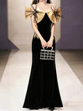 Black Velvet Gold Bow Off Shoulder Mermaid Formal Evening Gown