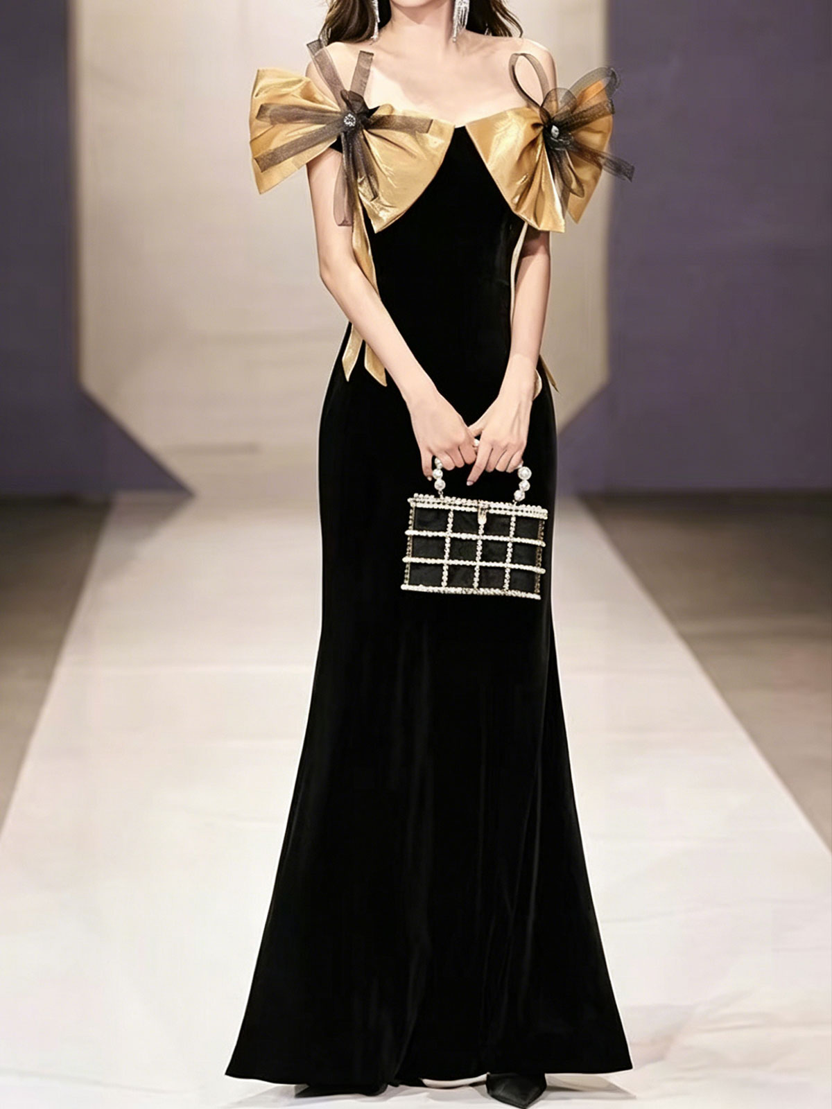 Black Velvet Gold Bow Off Shoulder Mermaid Formal Evening Gown
