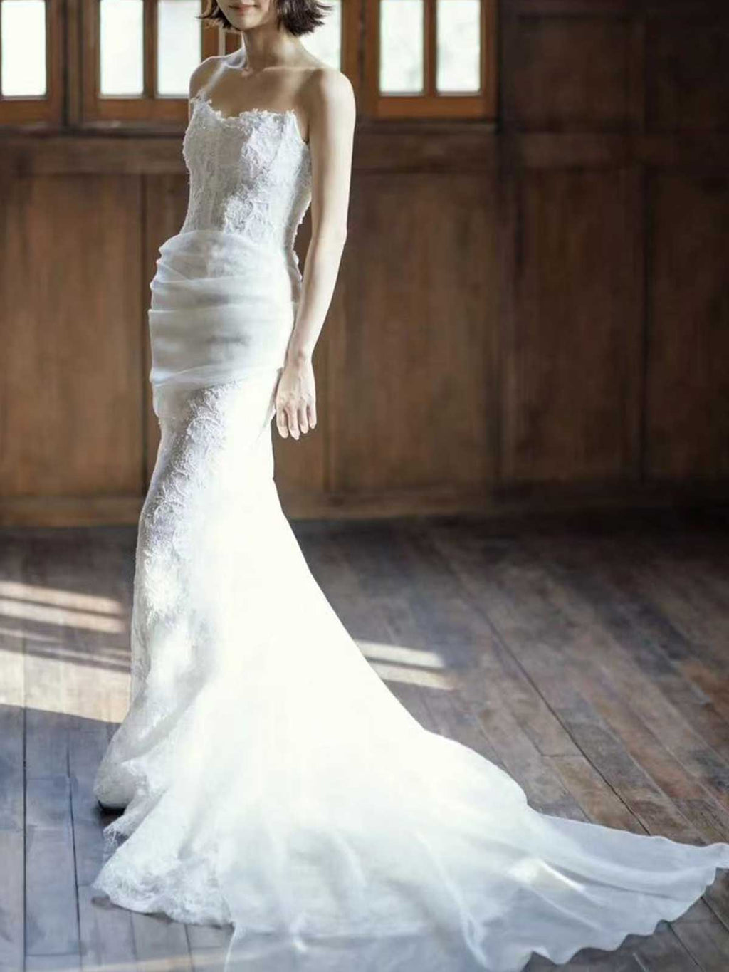 Strapless Lace Mermaid Wedding Dress with Draped Tulle Overlay