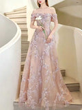 Blush Pink Lace Beaded Off-the-Shoulder A-Line Prom Gown