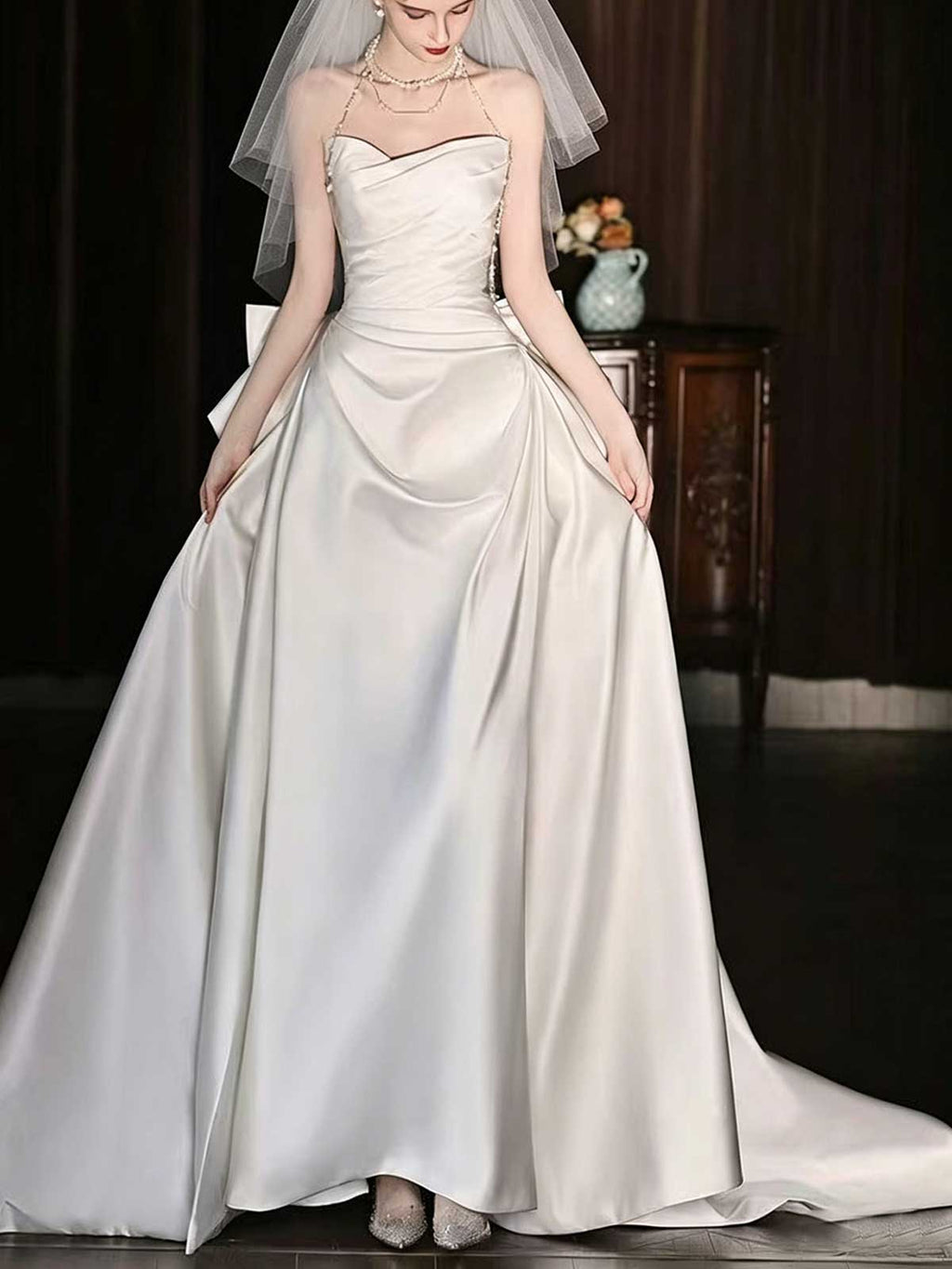 Ivory Satin Strapless A-Line Wedding Dress with Oversized Bow & Train