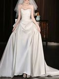 Ivory Satin Strapless A-Line Wedding Dress with Oversized Bow & Train