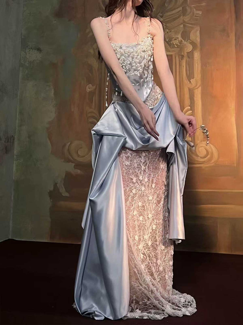 Dusty Blue Pearl Beaded Satin Lace Mermaid Evening Gown