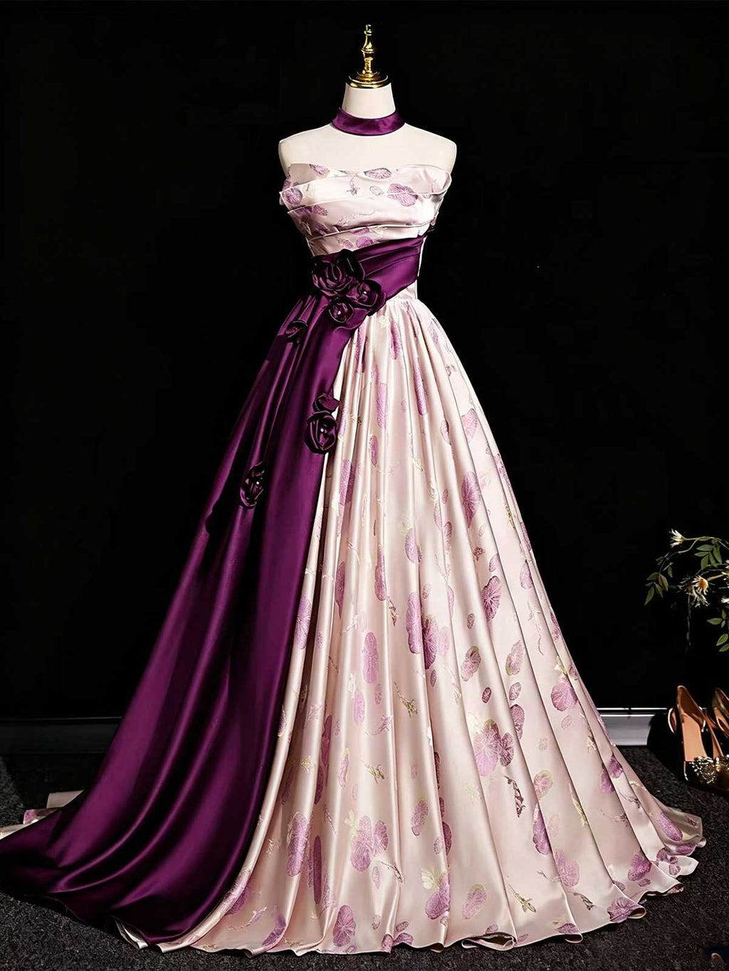 Blush Pink & Purple Strapless Satin Ball Gown with Floral Print
