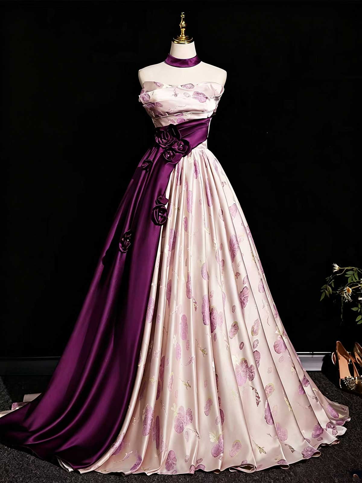 Blush Pink & Purple Strapless Satin Ball Gown with Floral Print