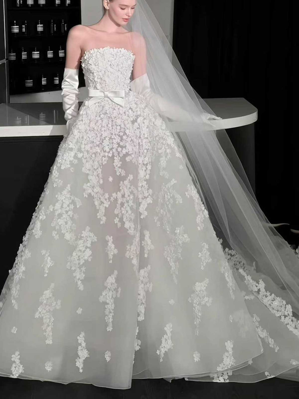 Strapless 3D Floral Ball Gown Wedding Dress with Bow Waist Detail