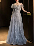 Off Shoulder Draped Tulle Silver Sequin A-Line Evening Gown