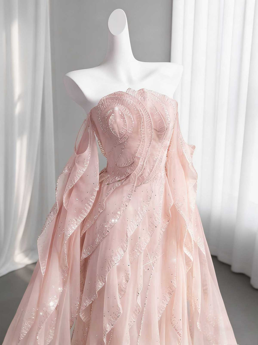 Dusty Pink Strapless Ruffled Glitter Tulle Evening Gown