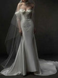 Ivory Lace Off-the-Shoulder Satin Mermaid Wedding Dress with Veil
