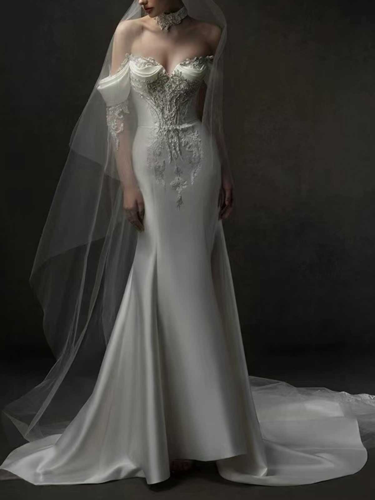 Ivory Lace Off-the-Shoulder Satin Mermaid Wedding Dress with Veil