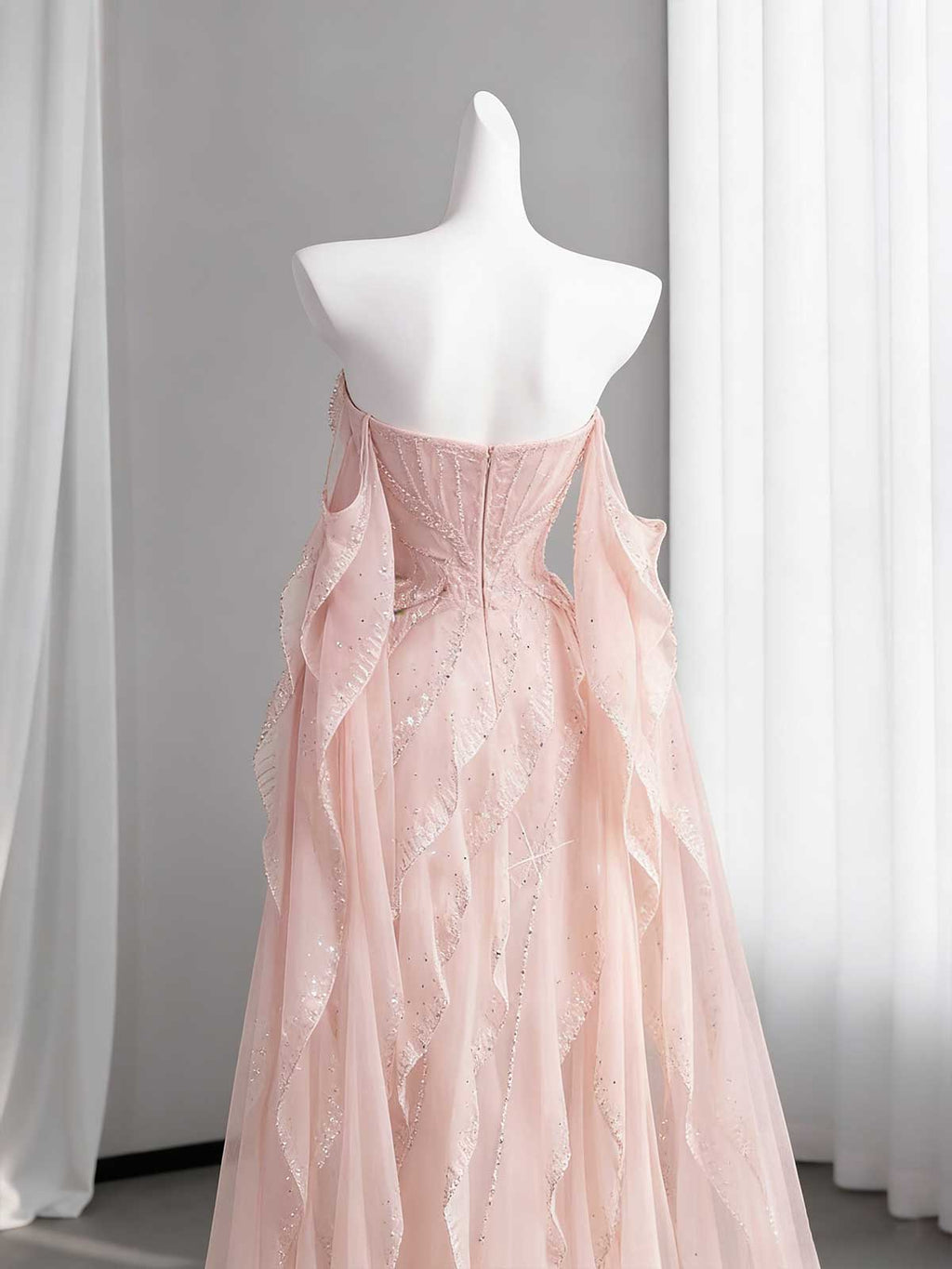 Dusty Pink Strapless Ruffled Glitter Tulle Evening Gown